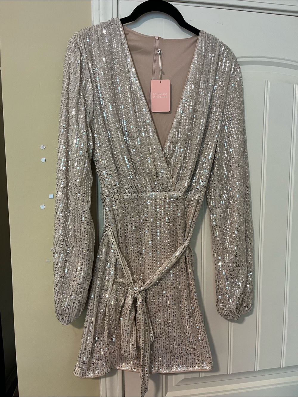 New Feditch Pink Silver Sequin Wrap Mini Dress NWT Medium